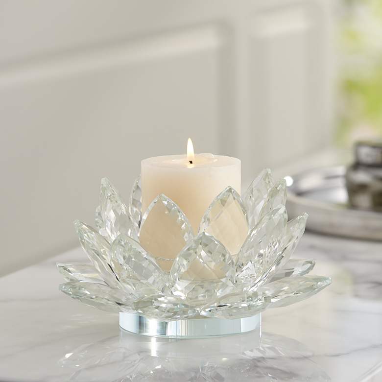 Image 1 Clear Crystal 8 3/4" Wide Lotus Candle Holder