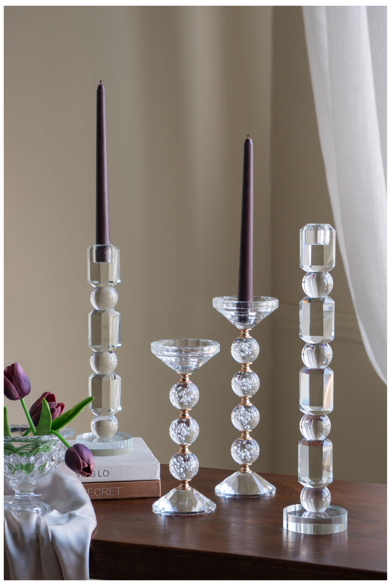 Clear Glass 11" Pillar Candle Holder with Gold Alloy Accents