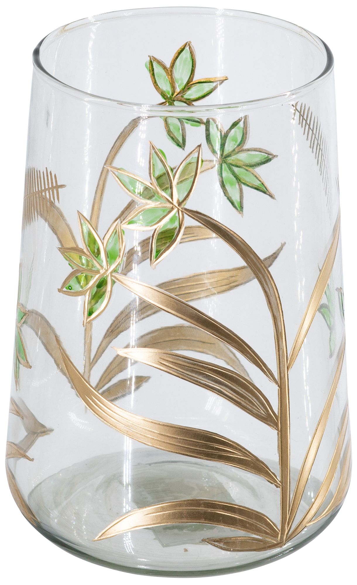 Image 2 Clear Glass Accent Vase w/ Green & Gold Botanical Design