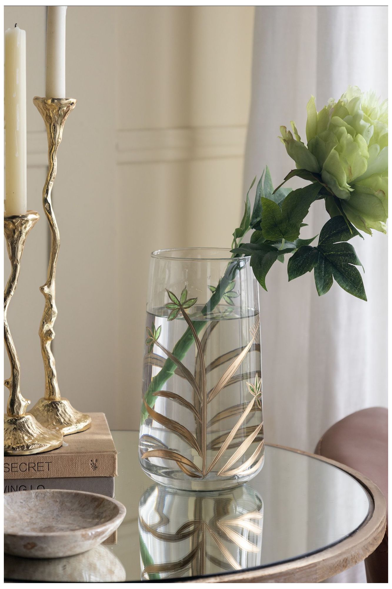 Image 5 Clear Glass Accent Vase w/ Green & Gold Botanical Design more views