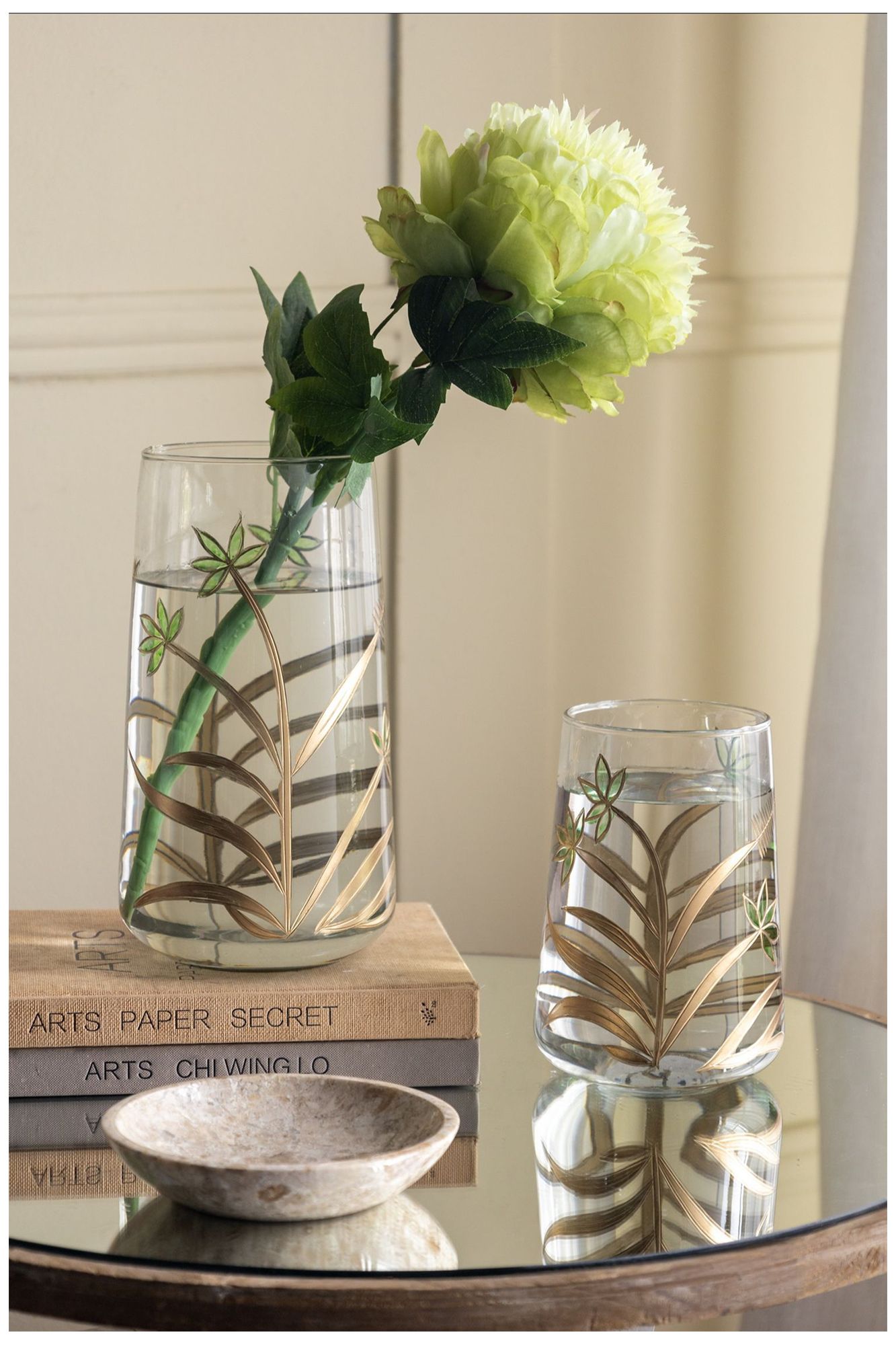 Image 6 Clear Glass Accent Vase w/ Green & Gold Botanical Design more views