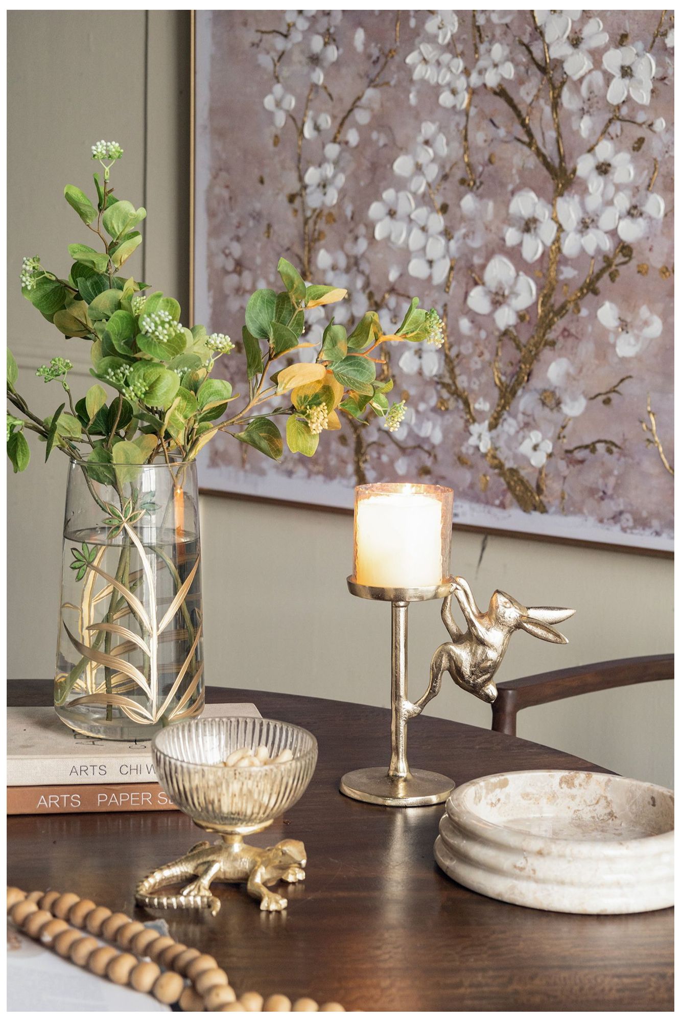 Image 7 Clear Glass Accent Vase w/ Green & Gold Botanical Design more views