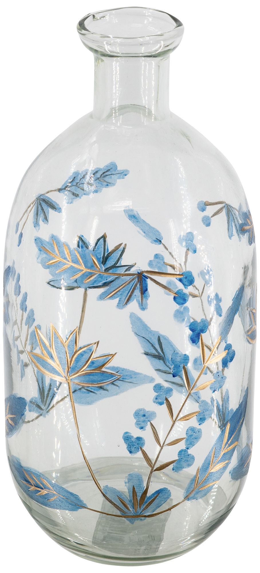 Image 2 Clear Glass Bottle Vase Blue & Gold Botanical Motifs