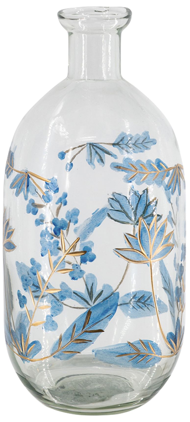 Image 3 Clear Glass Bottle Vase Blue & Gold Botanical Motifs more views