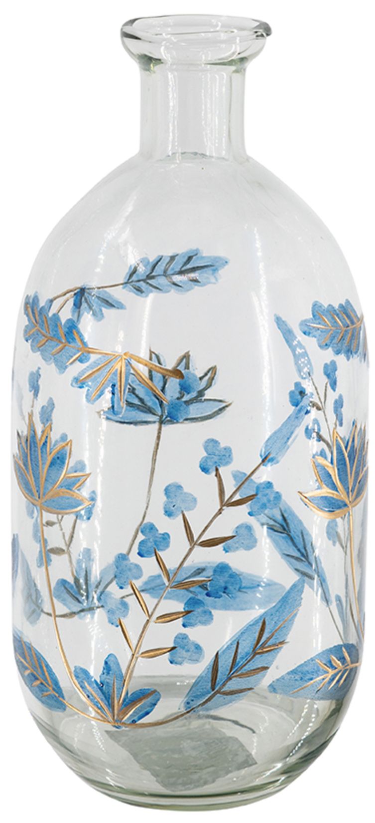 Image 4 Clear Glass Bottle Vase Blue & Gold Botanical Motifs more views