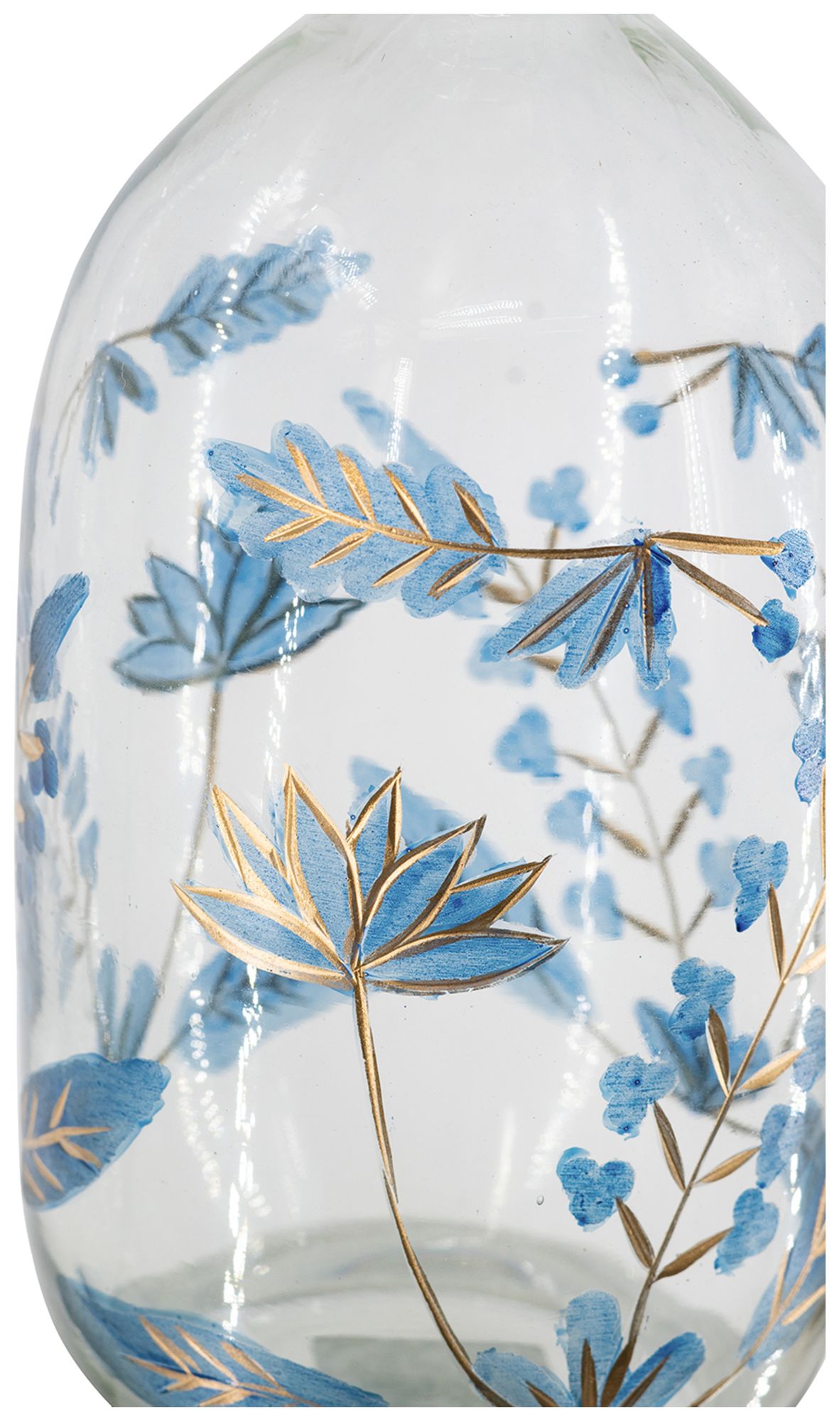 Image 5 Clear Glass Bottle Vase Blue & Gold Botanical Motifs more views