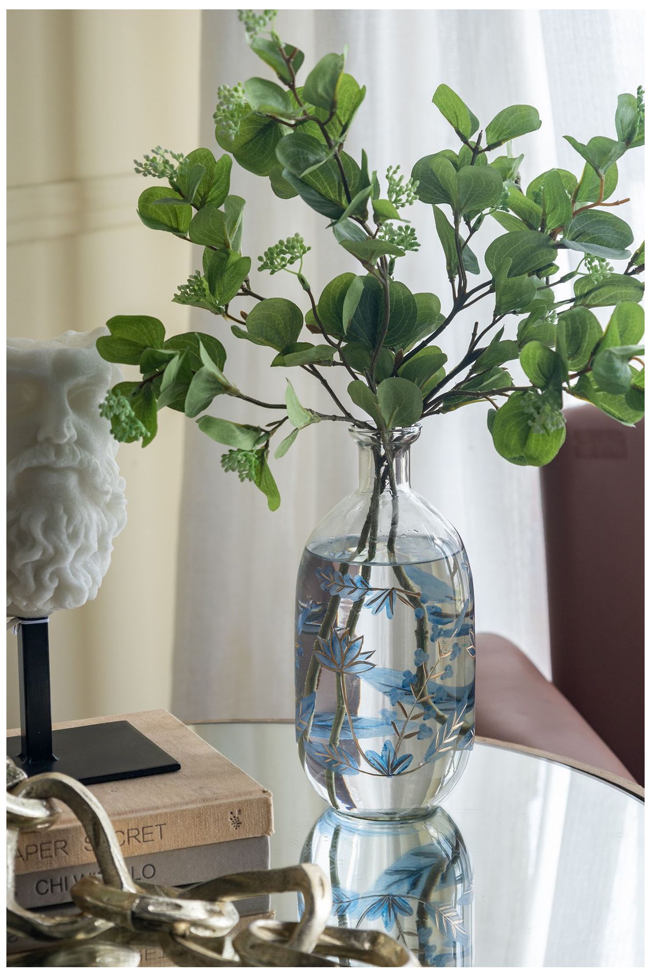 Image 6 Clear Glass Bottle Vase Blue & Gold Botanical Motifs more views