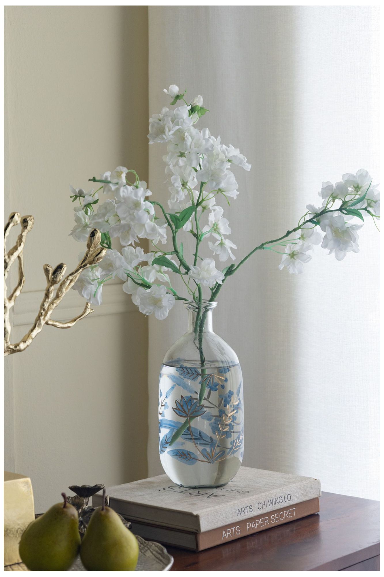 Clear Glass Bottle Vase Blue & Gold Botanical Motifs