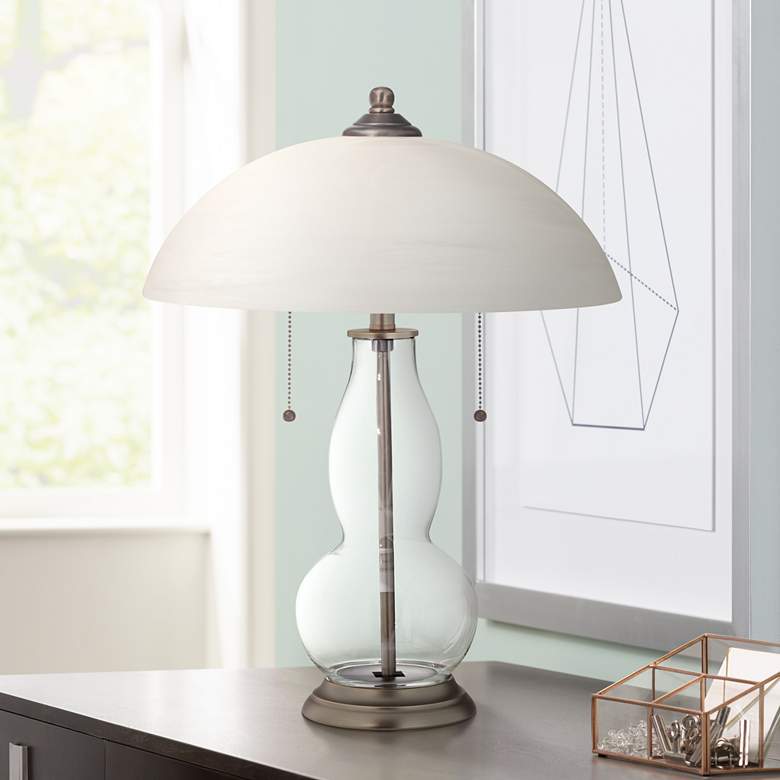 Clear Glass Fillable Gourd Table Lamp with Alabaster Shade