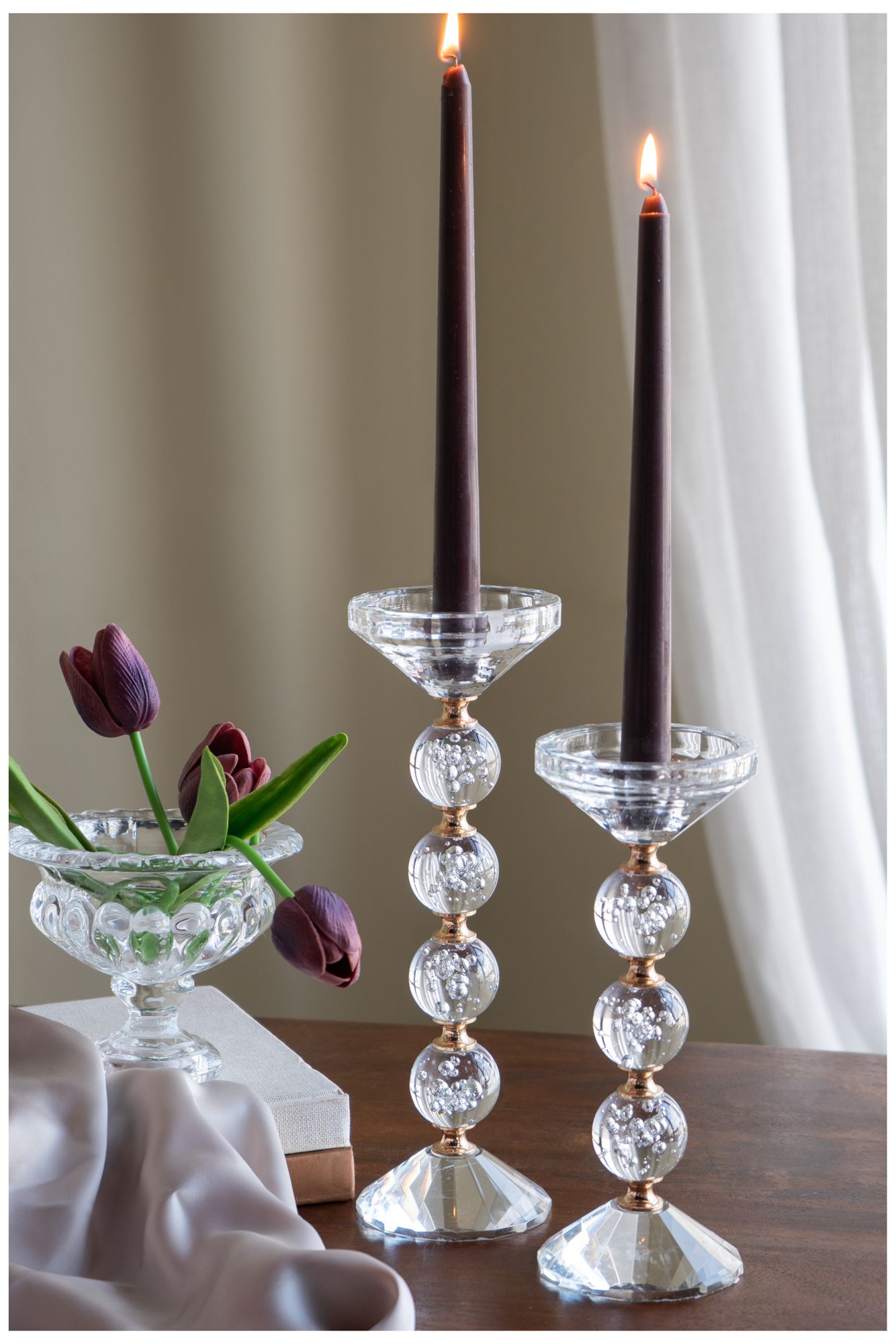 Image 7 Clear Glass Pillar Candle Holder with Gold Alloy Accents - 9" - Clear, Gold more views