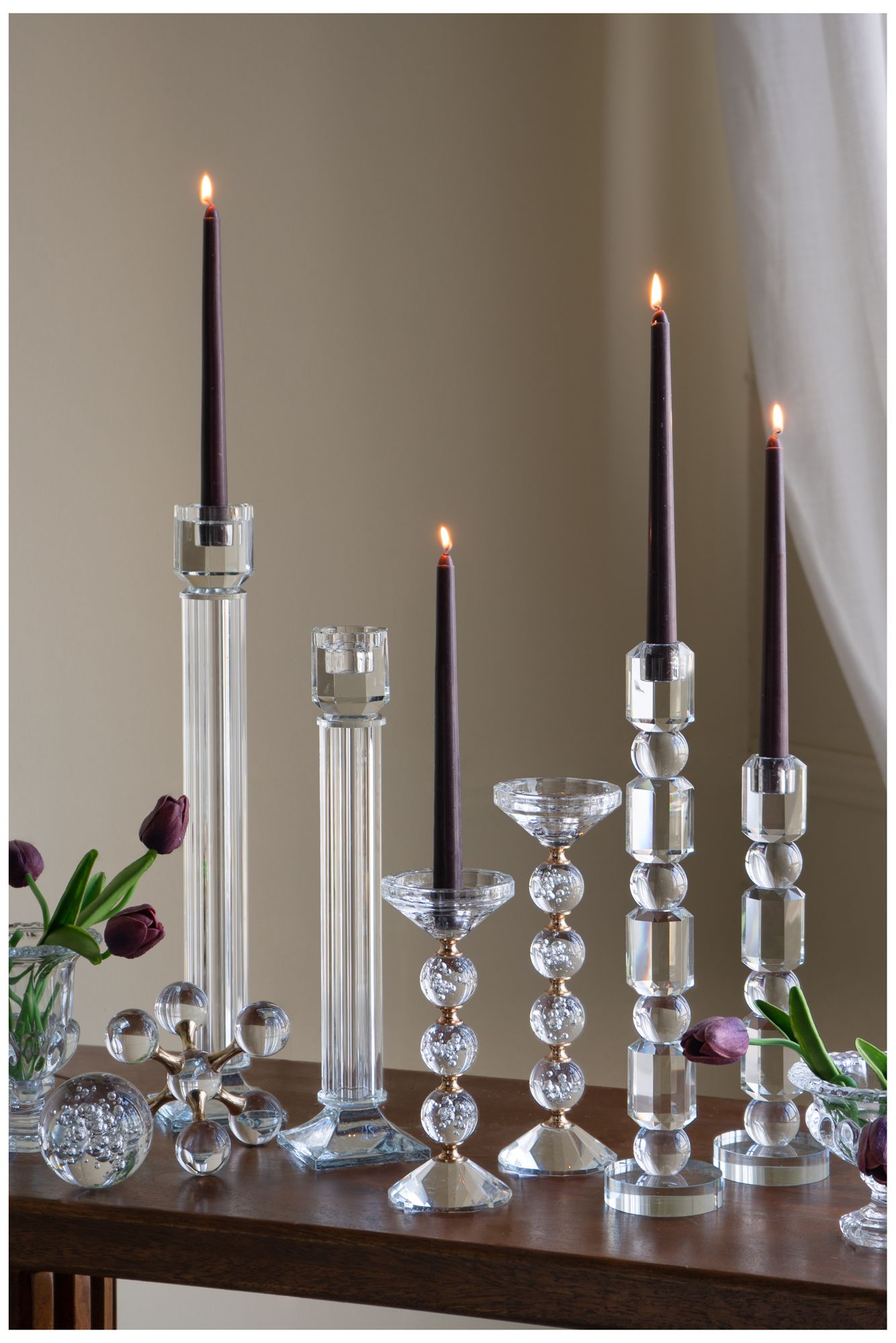 Image 5 Clear Glass Taper Candle Holder with Sculpted Column Design - 15 more views