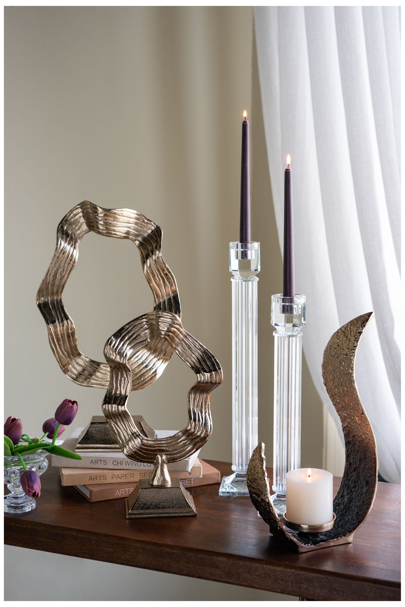 Image 6 Clear Glass Taper Candle Holder with Sculpted Column Design - 15 more views