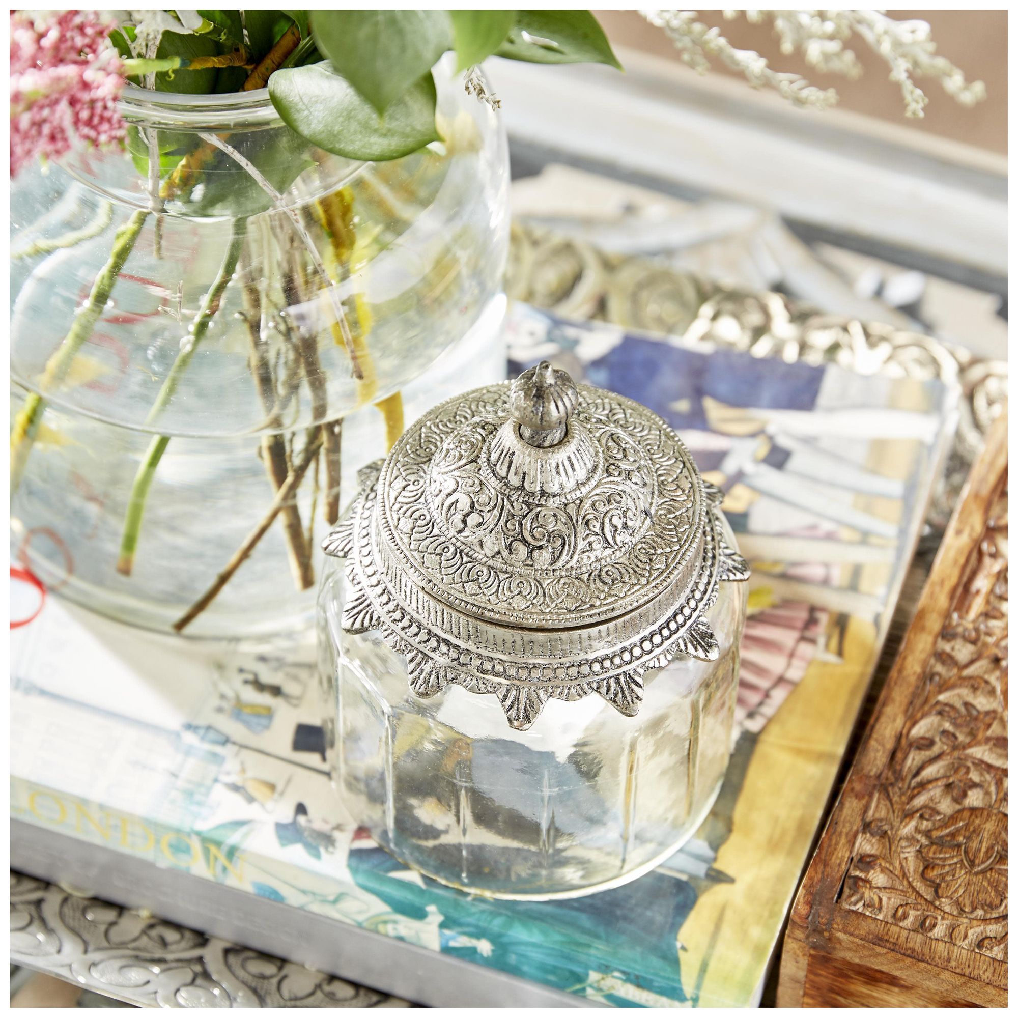Thumbnail2 of Clear Glass Traditional Decorative Jars, S/3 6", 7", 9"H more views