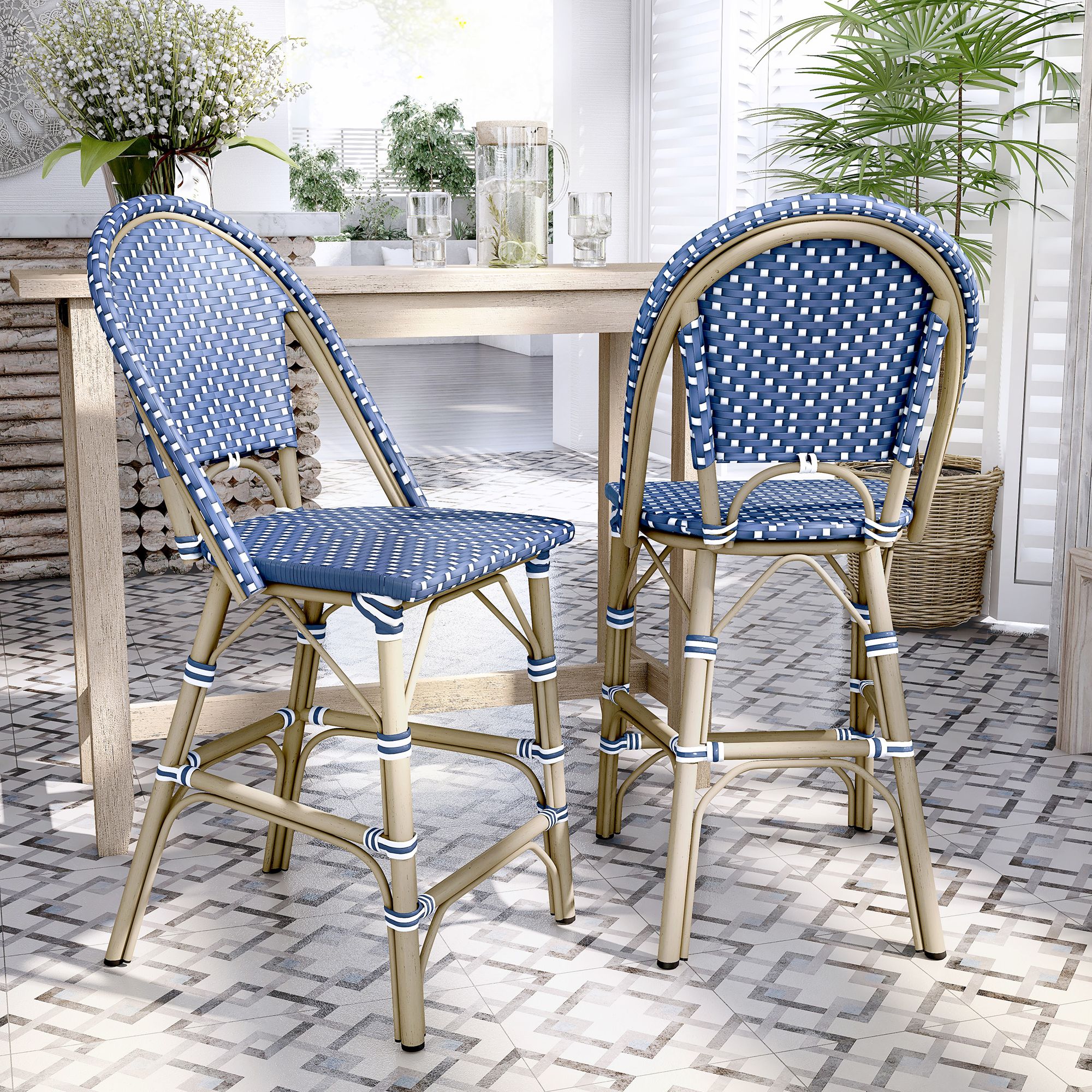 Clementine Blue White Wicker Patio Dining Chairs Set of 2