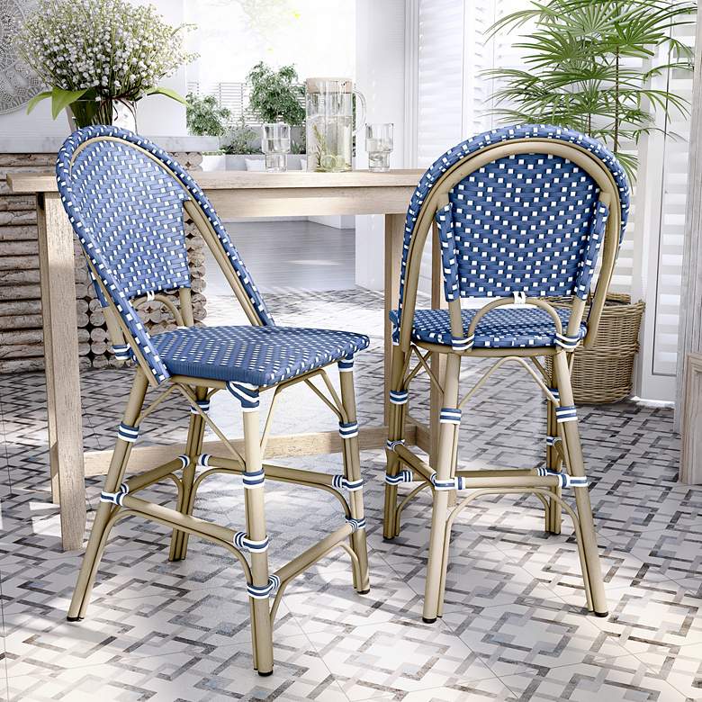 Image 1 Clementine Blue White Wicker Patio Dining Chairs Set of 2