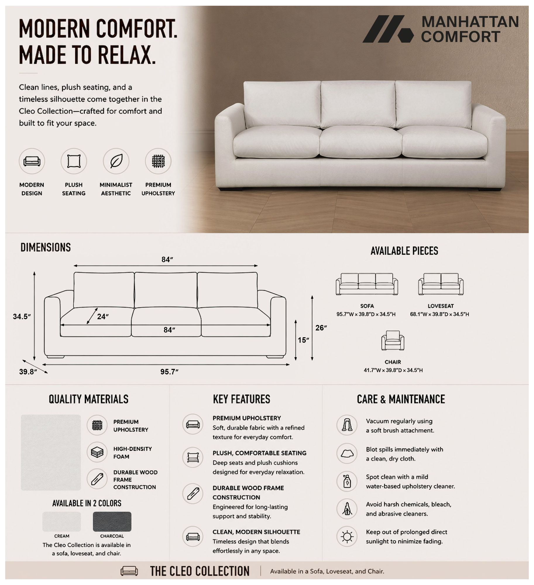 Image 4 Cleo Contemporary 96" Upholstered Sofa in Cream more views