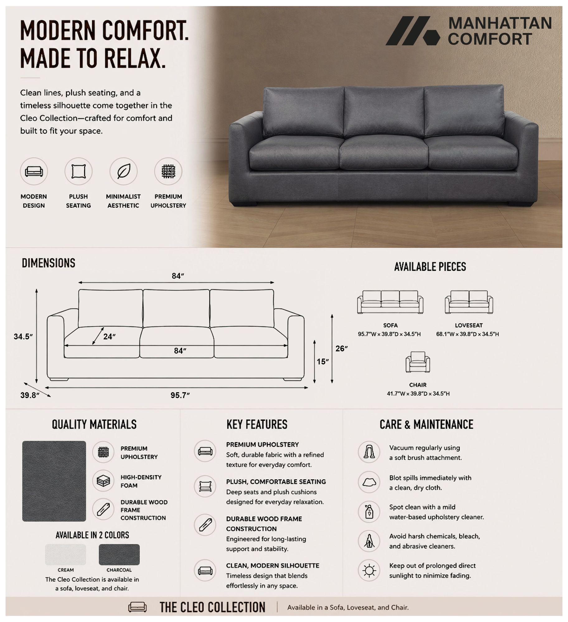 Image 4 Cleo Contemporary 96" Upholstered Sofa in Pewter more views