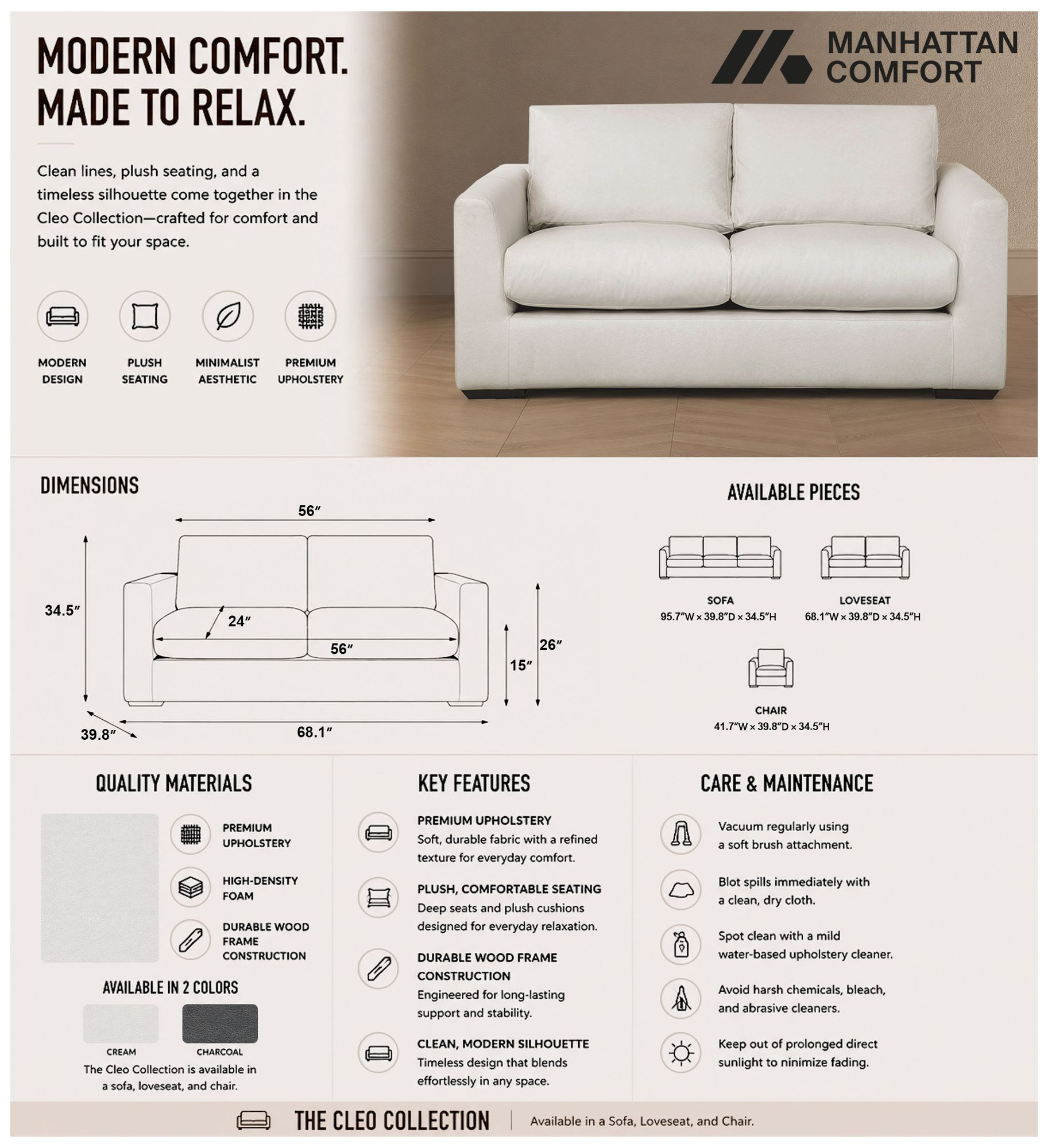 Image 4 Cleo Contemporary Upholstered Loveseat in Cream more views