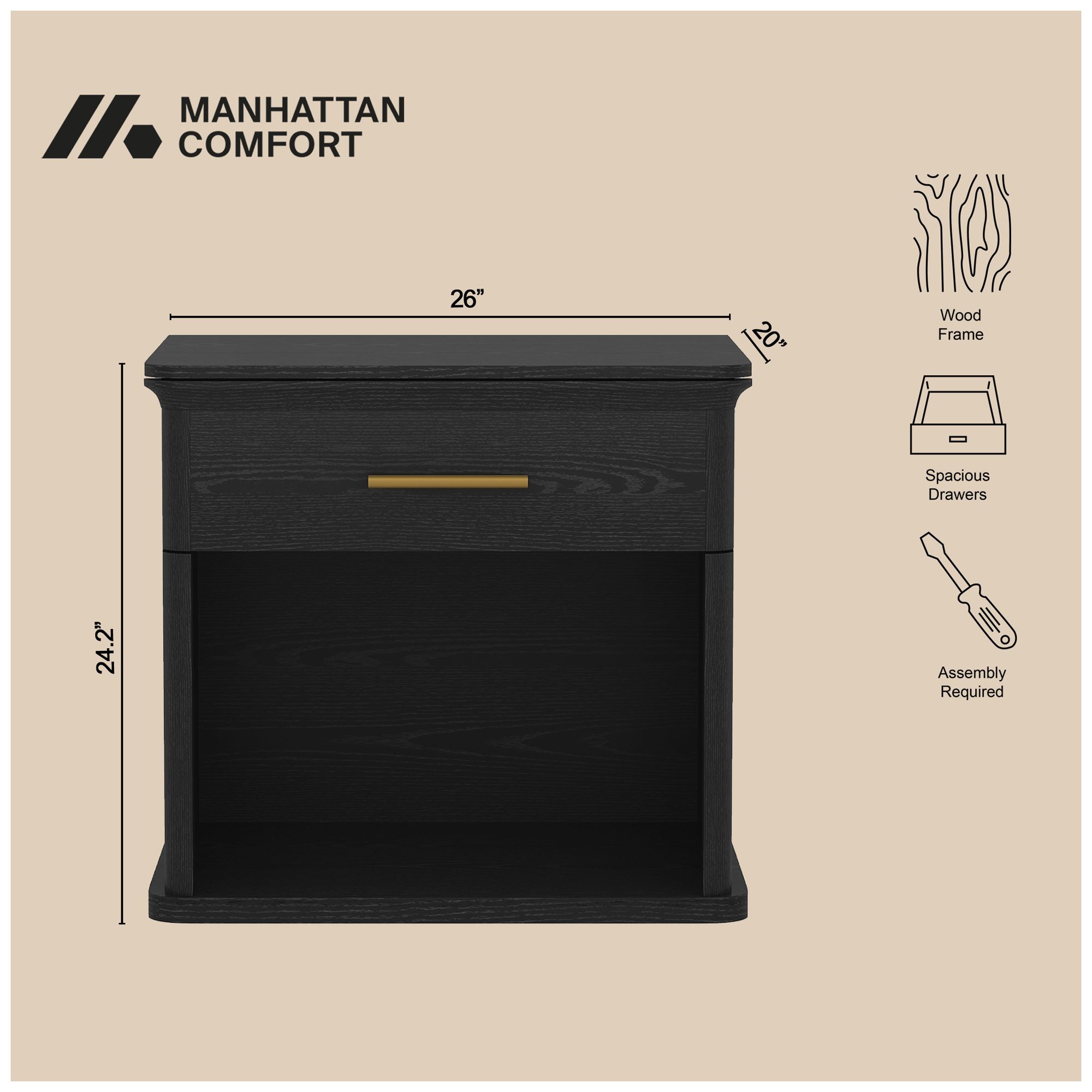 Image 5 Clifford Traditional Nightstand in Black (1-Drawer) more views