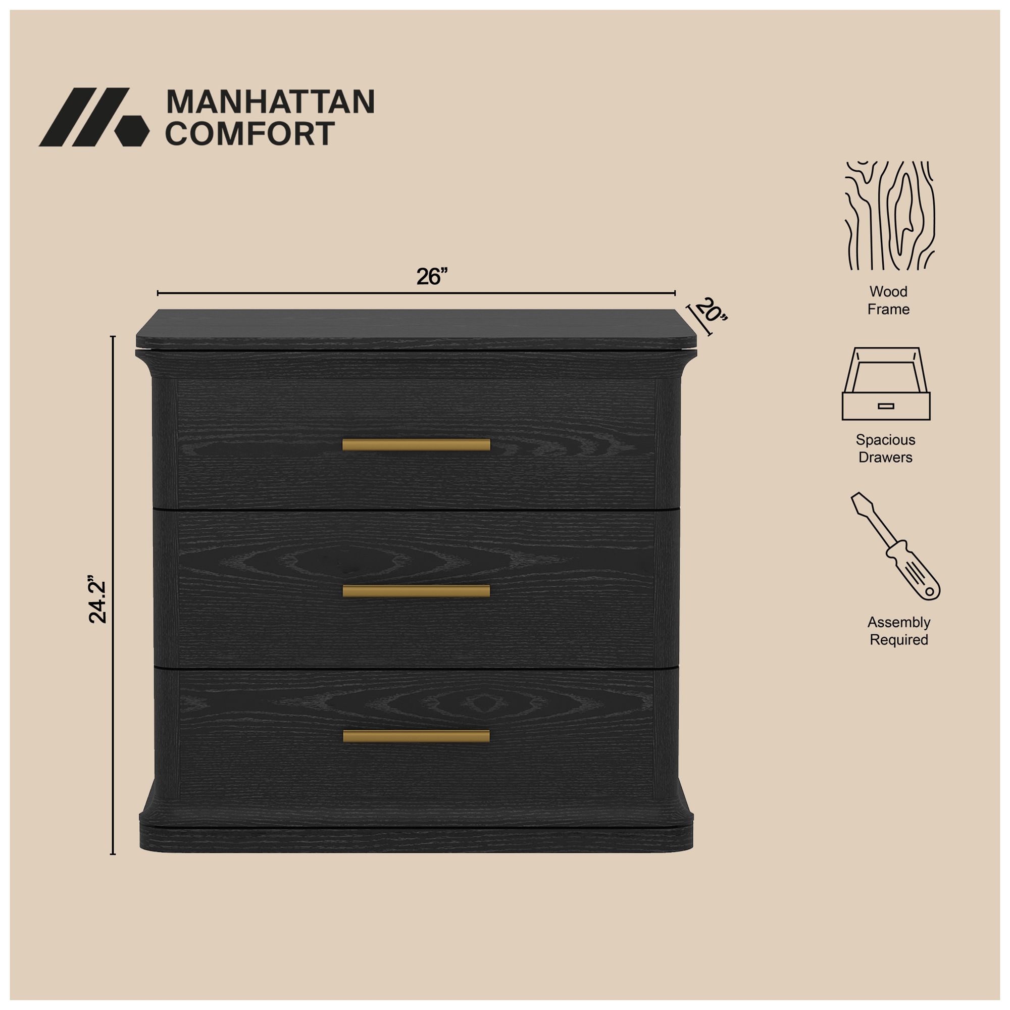 Image 5 Clifford Traditional Nightstand in Black (3-Drawer) more views