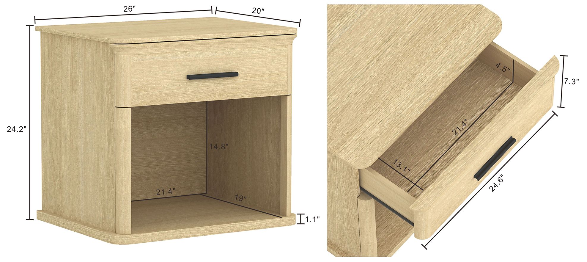 Image 4 Clifford Traditional Nightstand in Natural Oak (1-Drawer) more views