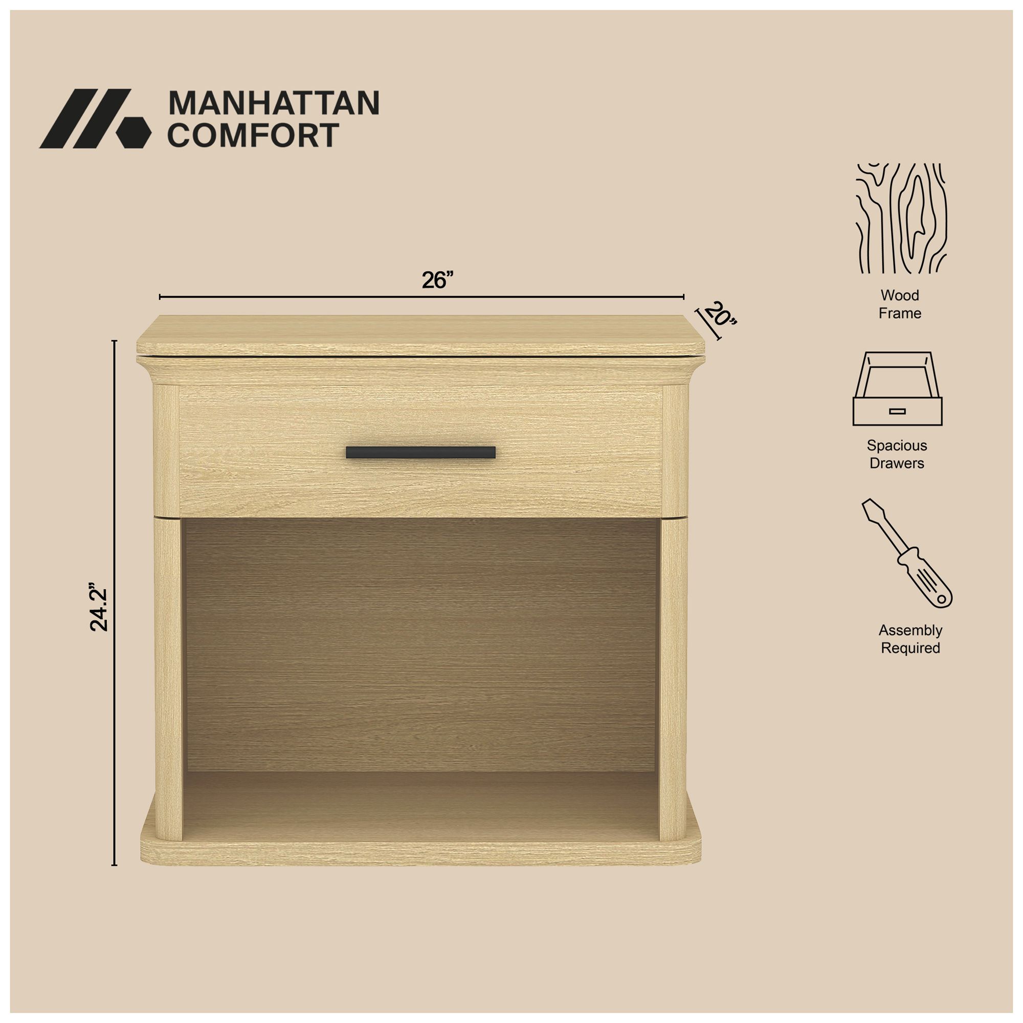 Image 5 Clifford Traditional Nightstand in Natural Oak (1-Drawer) more views