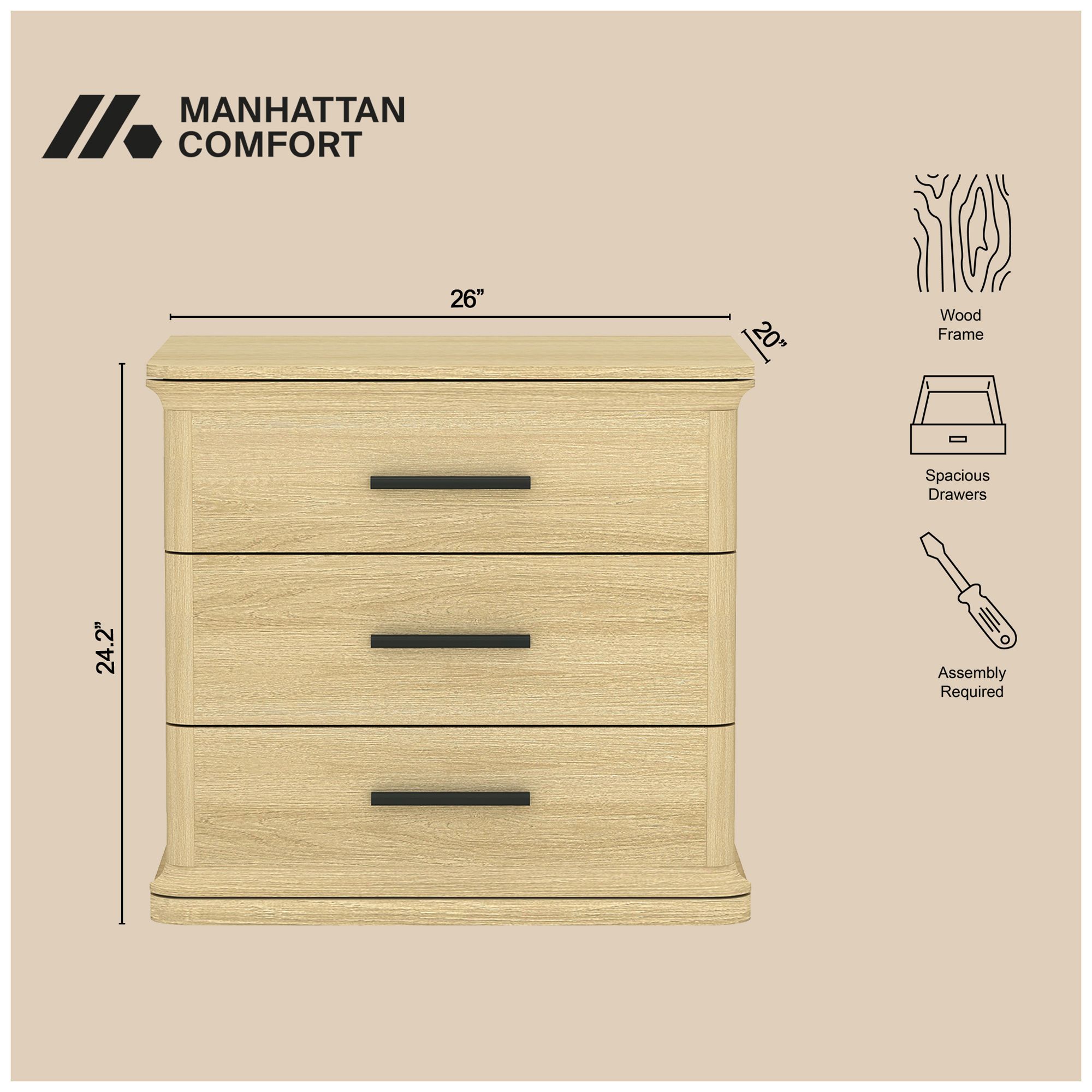 Image 5 Clifford Traditional Nightstand in Natural Oak (3-Drawer) more views