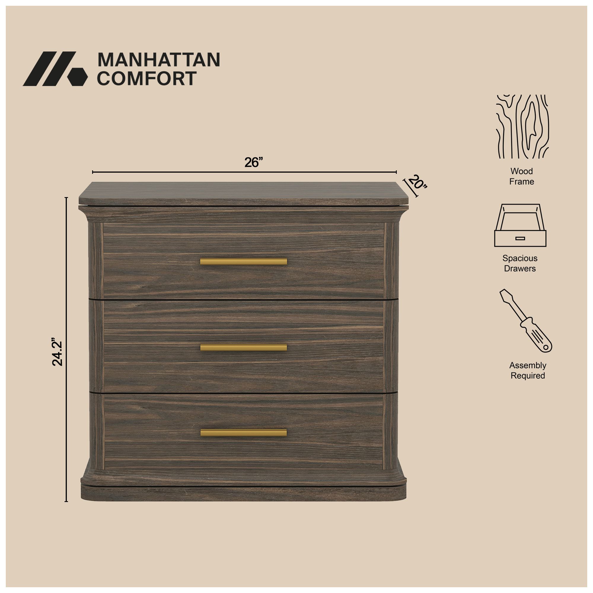 Image 5 Clifford Traditional Nightstand in Walnut (3-Drawer) more views