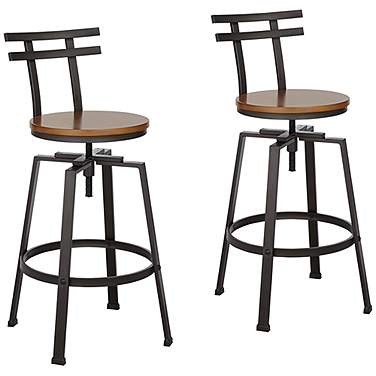 Clifton Wood and Hammered Bronze Swivel Adjustable Stools Set of 2