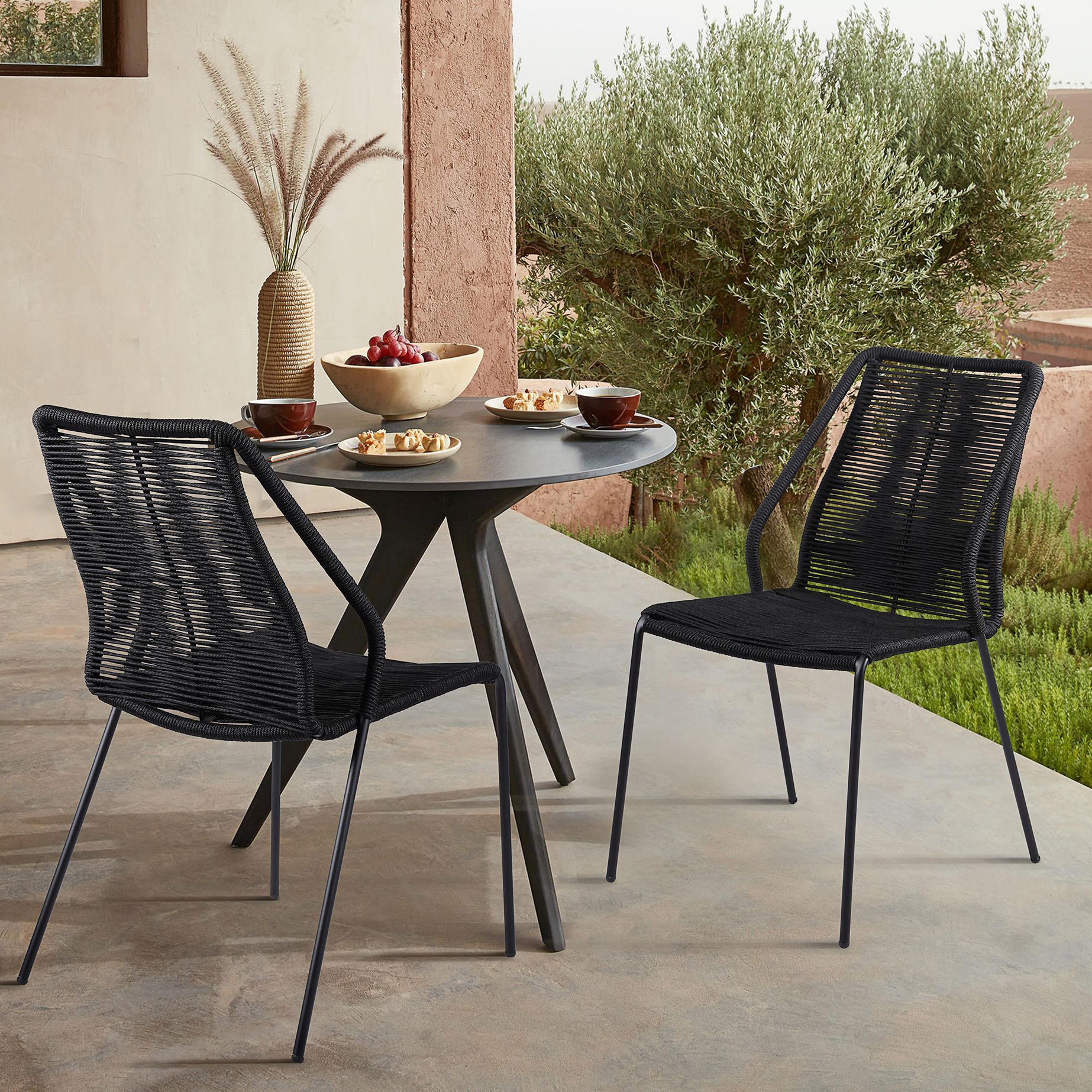 Clip Black Rope Outdoor Stackable Dining Chairs Set of 2 173E4