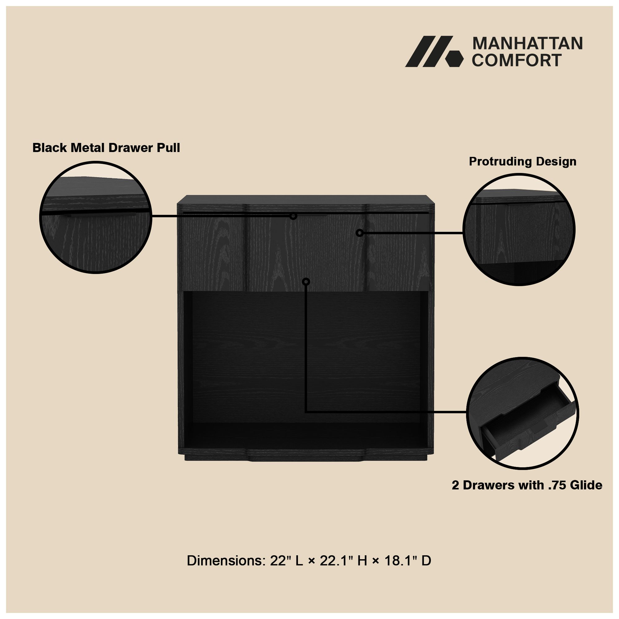 Clive Mid-Century Modern 22" Nightstand in Black (1-Drawer)