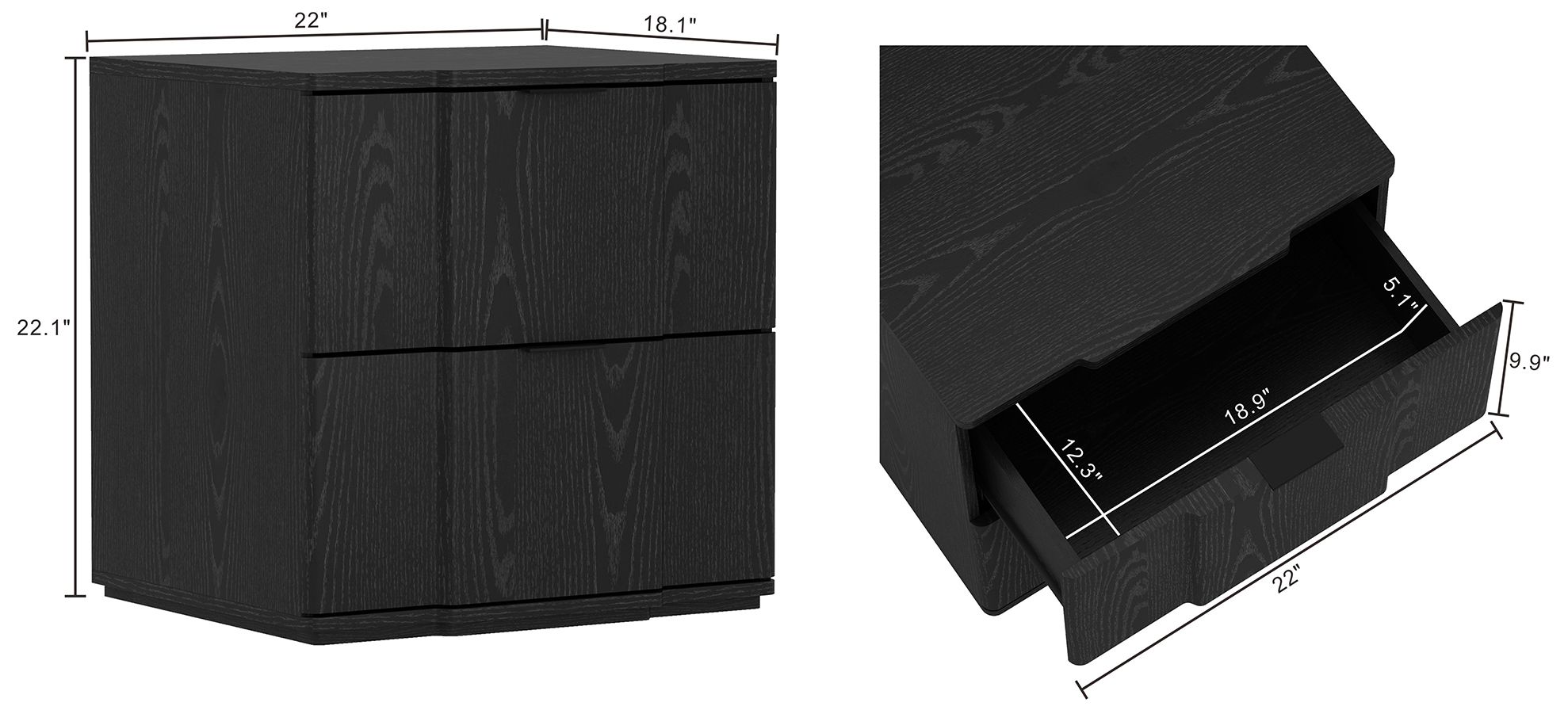 Image 4 Clive Mid-Century Modern 22" Nightstand in Black (2-Drawer) more views
