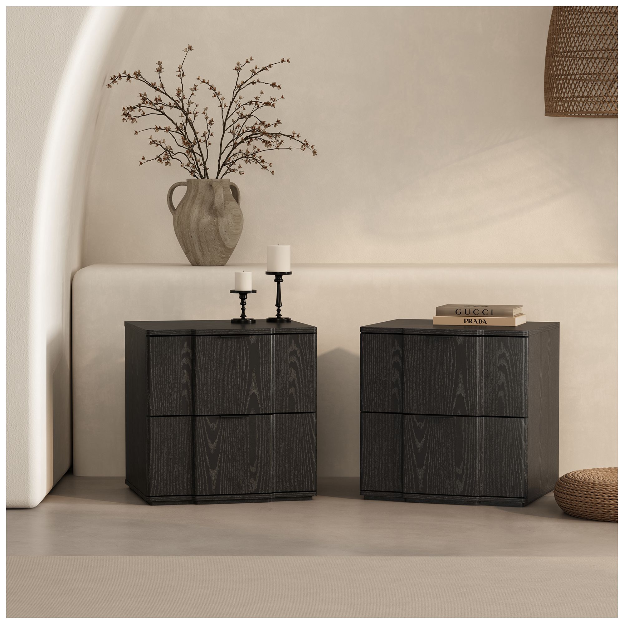 Clive Mid-Century Modern 22" Nightstand in Black (2-Drawer)