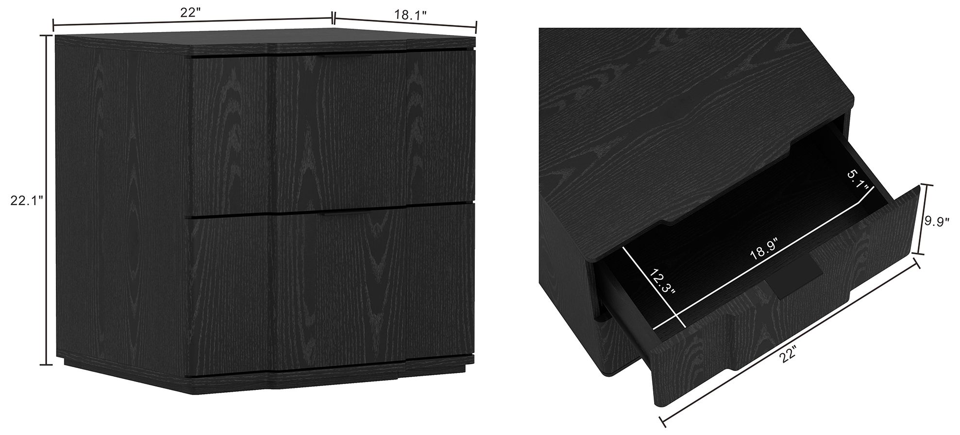 Clive Mid-Century Modern 22" Nightstand in Black and Gold (2-Drawer)