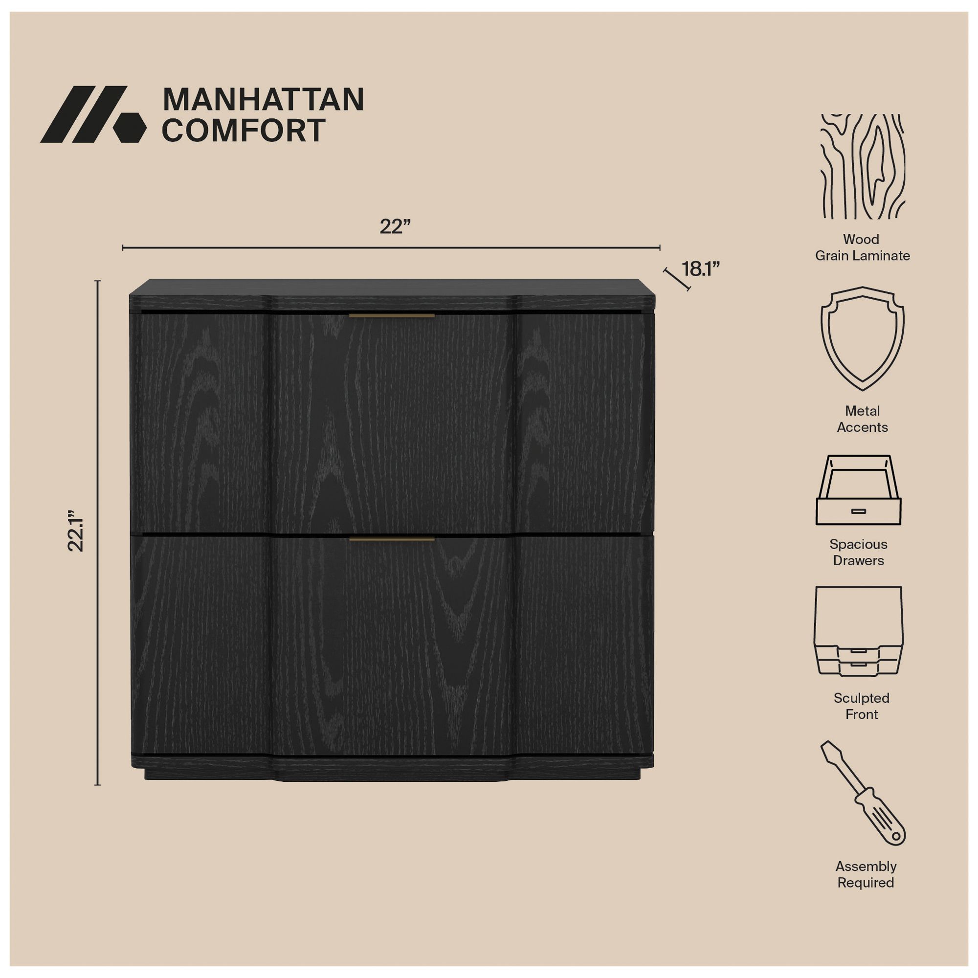 Image 5 Clive Mid-Century Modern 22" Nightstand in Black and Gold (2-Drawer) more views