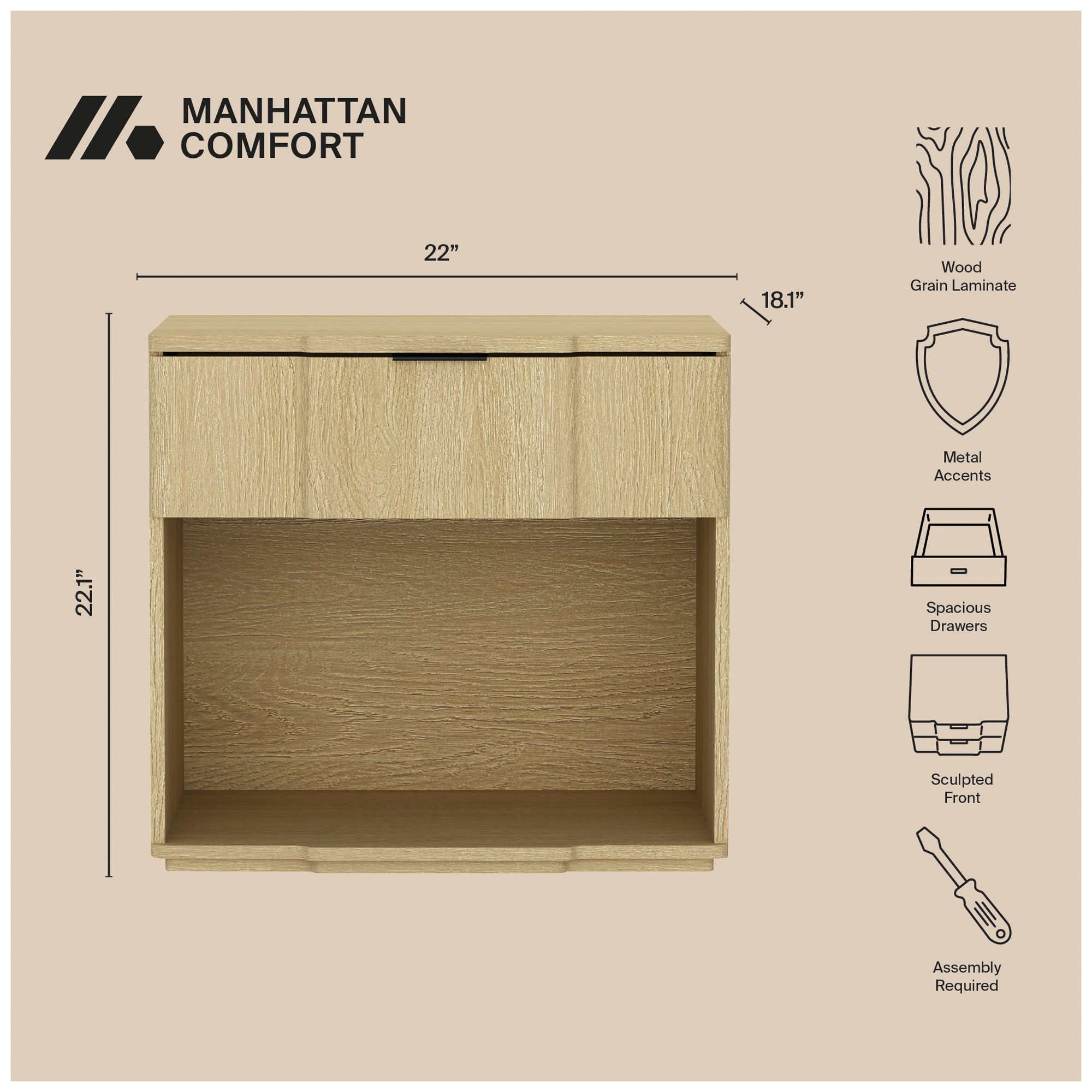 Clive Mid-Century Modern 22" Nightstand in Natural Oak (1-Drawer)