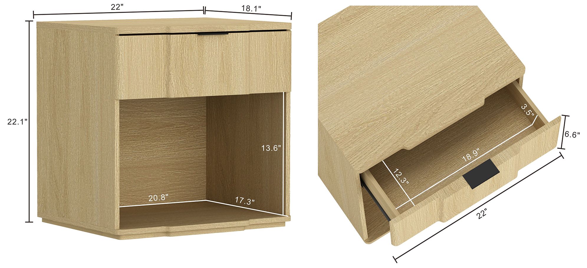 Clive Mid-Century Modern 22" Nightstand in Natural Oak (1-Drawer)