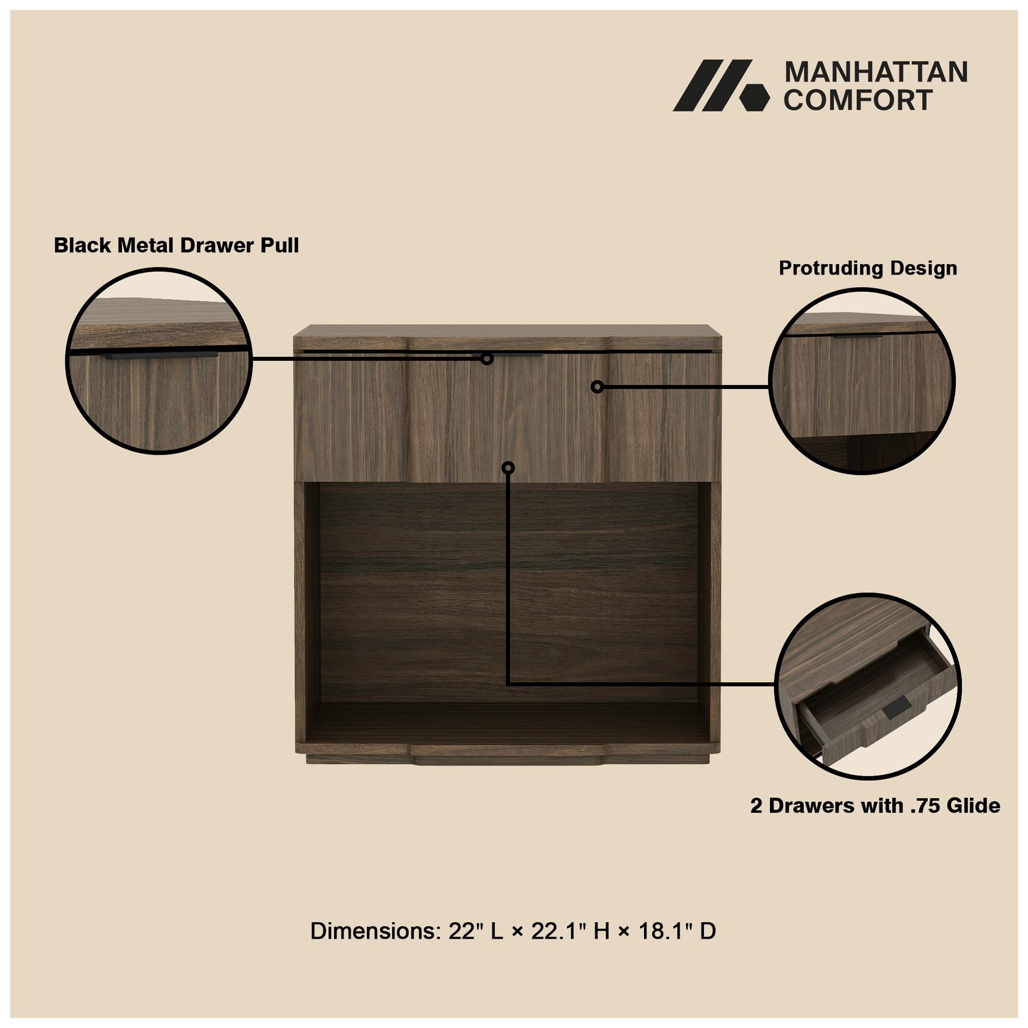 Clive Mid-Century Modern 22" Nightstand in Walnut (1-Drawer)