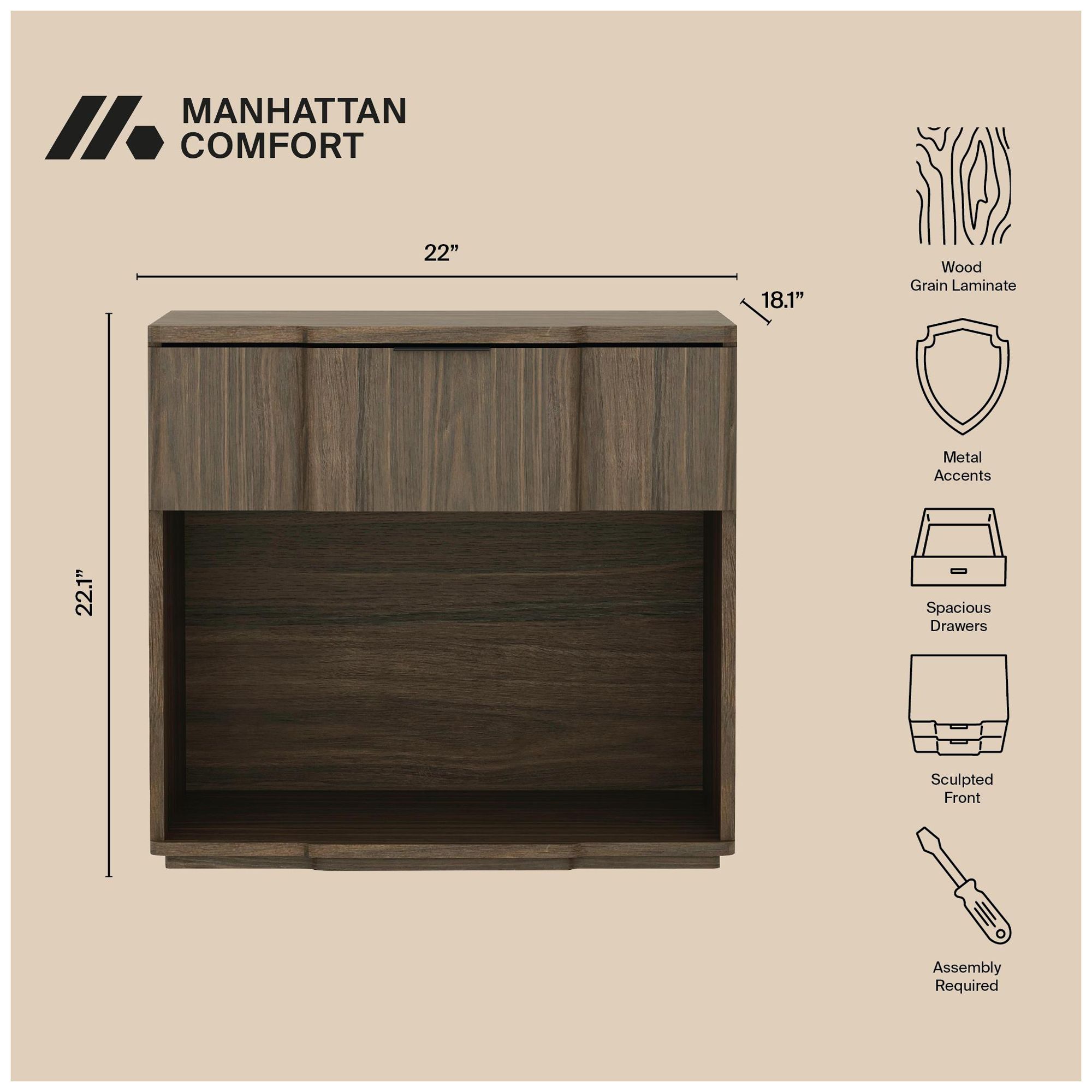 Image 5 Clive Mid-Century Modern 22" Nightstand in Walnut (1-Drawer) more views