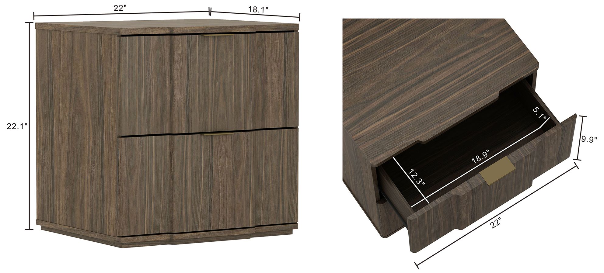 Image 4 Clive Mid-Century Modern 22" Nightstand in Walnut and Gold (2-Drawer) more views