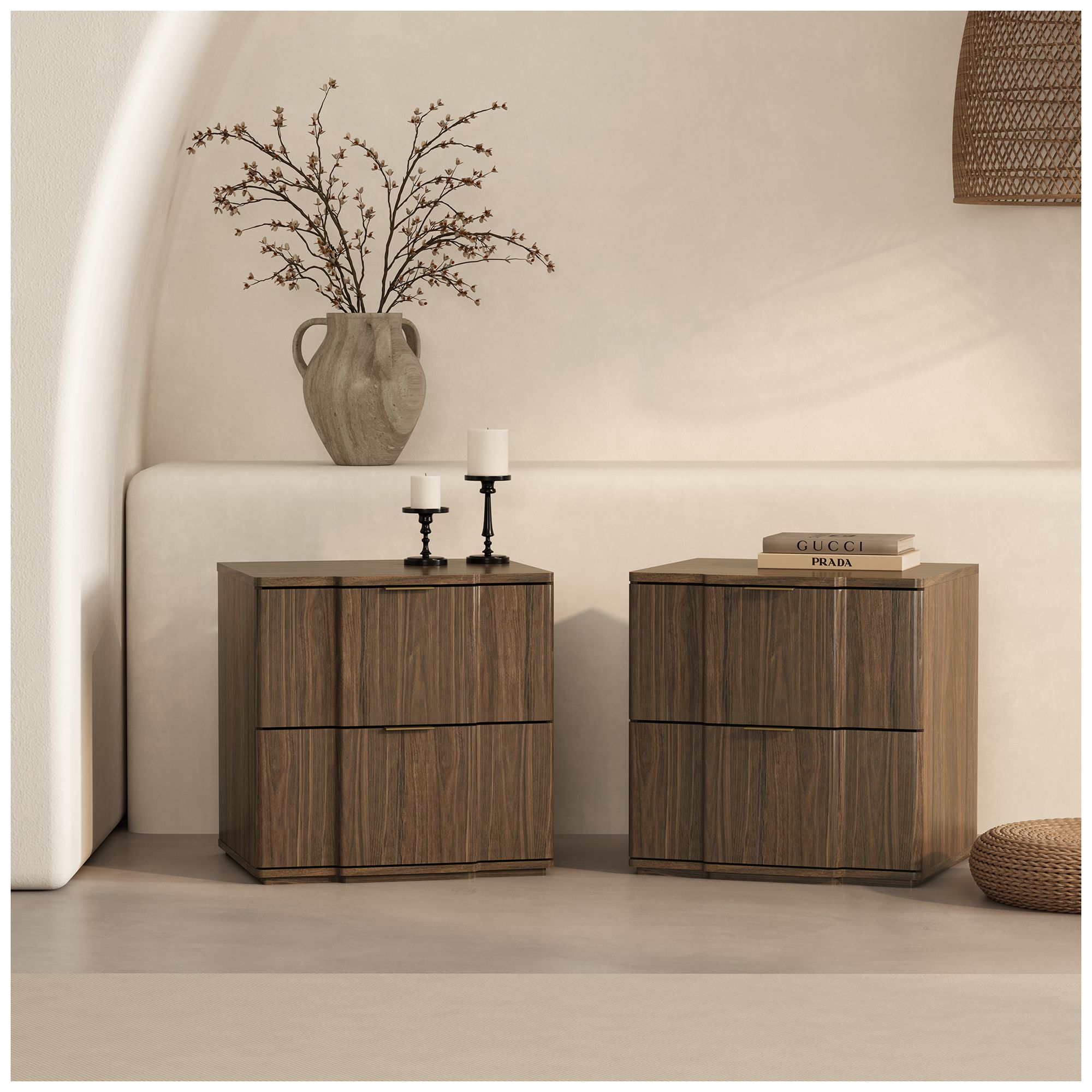 Clive Mid-Century Modern 22" Nightstand in Walnut and Gold (2-Drawer)