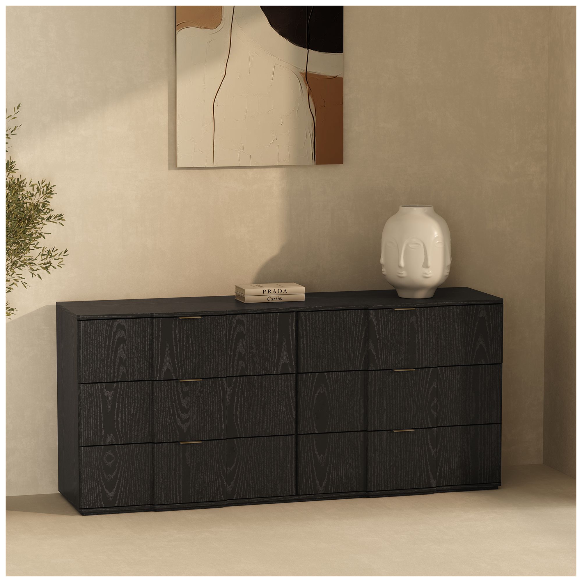 Image 2 Clive Mid-Century Modern 3-Piece Dresser and Nightstand in Black and Gold more views