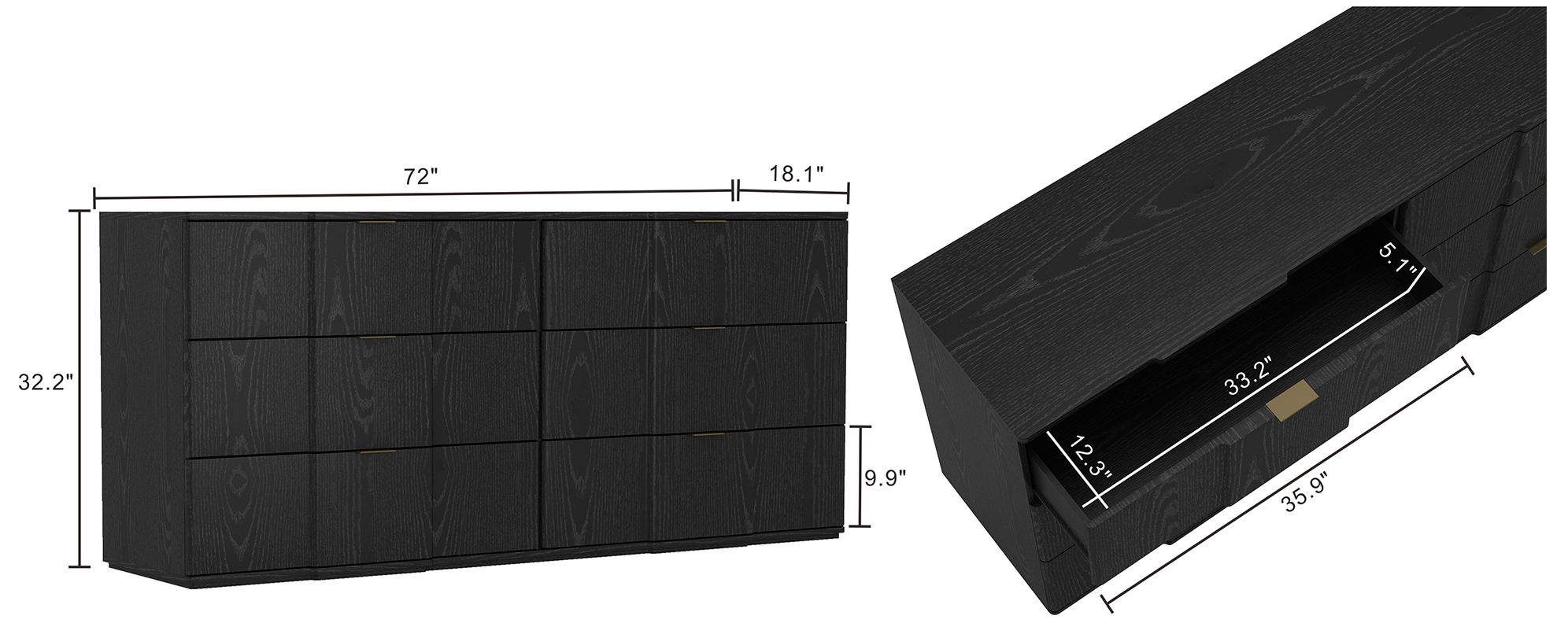 Clive Mid-Century Modern 3-Piece Dresser and Nightstand in Black and Gold
