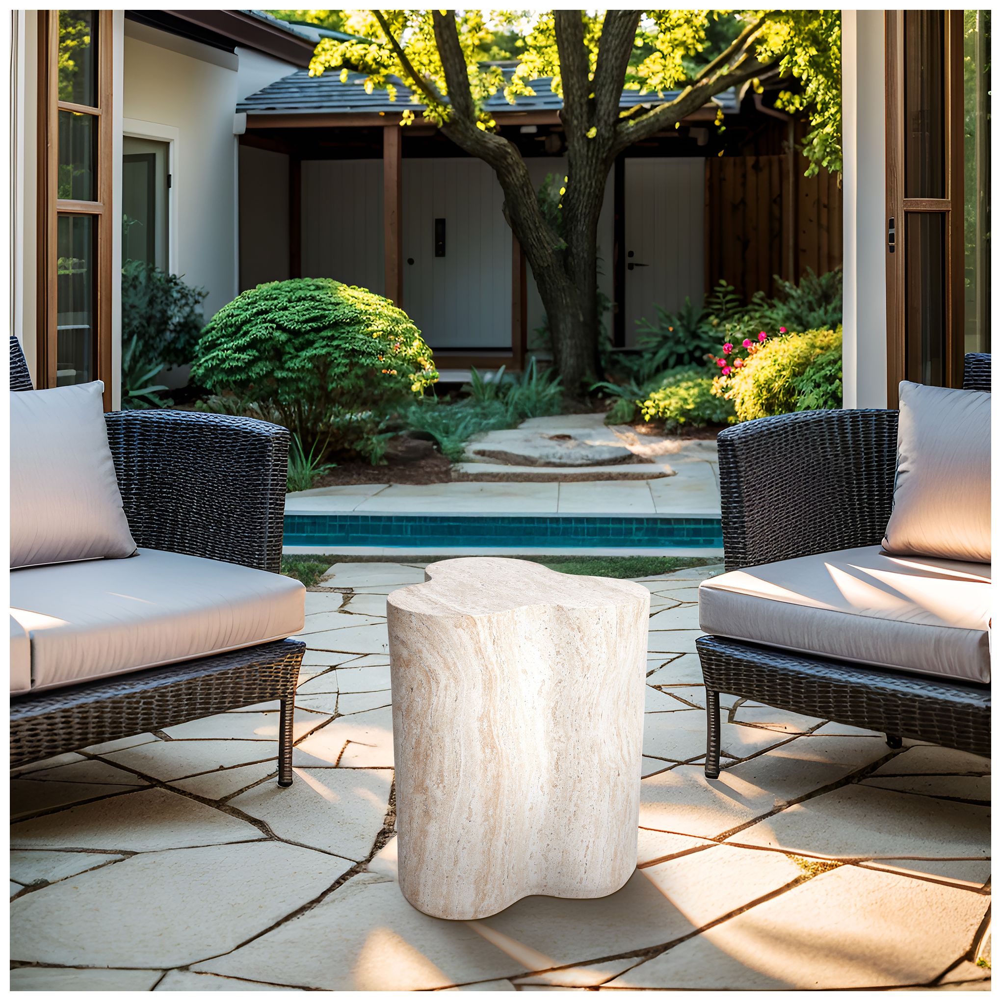 Image 6 Clover Travertine Stone Finish Italian Design MgO Side Accent Table more views
