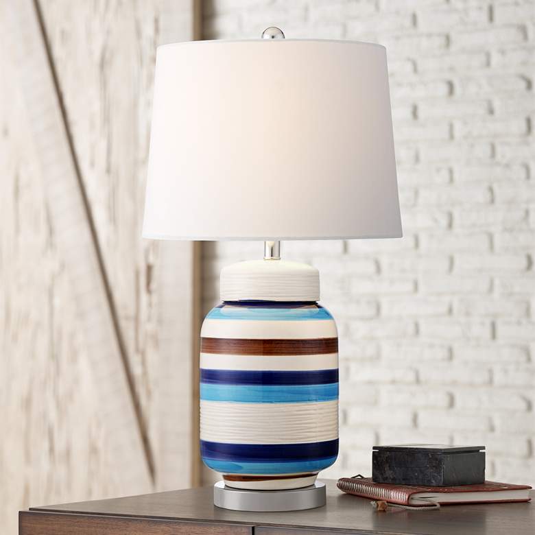 Image 1 Clovis Blue and Brown Striped Table Lamp