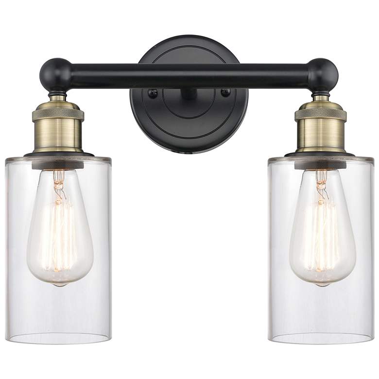 Image 1 Clymer 12.88 inchW 2 Light Black Antique Brass Bath Light With Clear Shade