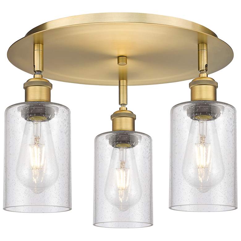 Image 1 Clymer 15.63" Wide 3 Light Brushed Brass Flush Mount With Seedy Glass