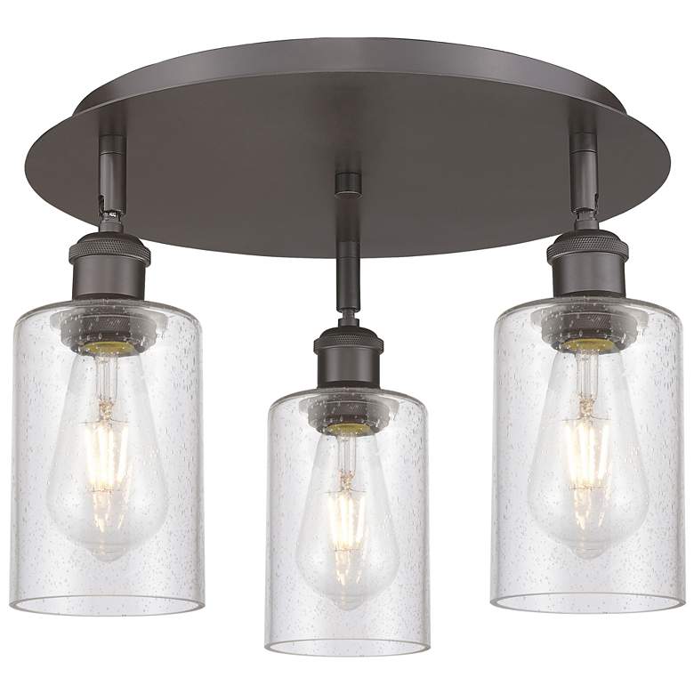 Image 1 Clymer 15.63"W 3 Light Oil Rubbed Bronze Flush Mount With Seedy Glass