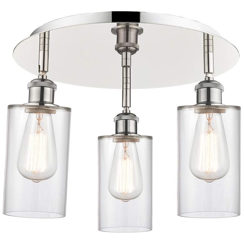 Image 1 Clymer 15.63"W 3 Light Polished Nickel Flush Mount With Clear Glass Sh