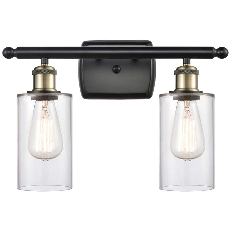 Image 1 Clymer 16" 2-Light Black Antique Brass Bath Light w/ Clear Shade